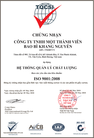 Chứng nhận ISO 9001:2008 - Bao Bì Khang Nguyễn - Công Ty TNHH Một Thành Viên Bao Bì Khang Nguyễn